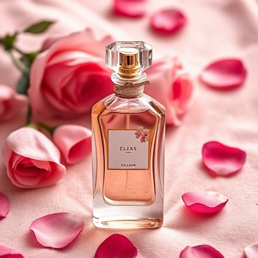 An elegant perfume bottle with a delicate floral design, placed on a soft velvet surface with rose petals and subtle golden sparkles, suggesting a luxurious fragrance for special occasions like weddings and birthdays