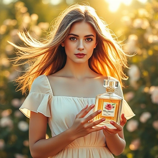 A young woman with soft, natural makeup and flowing hair, standing in a sunlit garden with blooming flowers, holding a delicate glass perfume bottle with a floral design, wearing a light pastel dress, gentle breeze moving her hair and dress, warm golden hour lighting, ethereal and elegant atmosphere