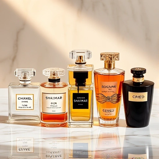 A luxurious collection of iconic perfume bottles from world-renowned brands, arranged elegantly on a marble surface with soft golden lighting, each bottle reflecting its brand’s signature design — Chanel No. 5’s classic square flacon, Dior J’adore’s amphora shape, Guerlain Shalimar’s fan-shaped cap, Yves Saint Laurent Opium’s ornate Asian-inspired bottle, and Creed Aventus’ sleek black crystal — surrounded by faint wisps of aromatic notes visualized as translucent floral and citrus essences floa