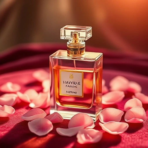 A luxurious perfume bottle with golden accents, placed on a velvet surface surrounded by delicate rose petals and soft morning light, evoking elegance and refined beauty