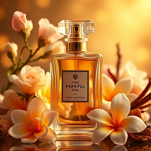 A luxurious perfume bottle with floral and oriental notes, surrounded by delicate flowers like jasmine and rose, and warm spices like vanilla and amber, soft golden lighting, elegant glass design, high detail, smallHQ style