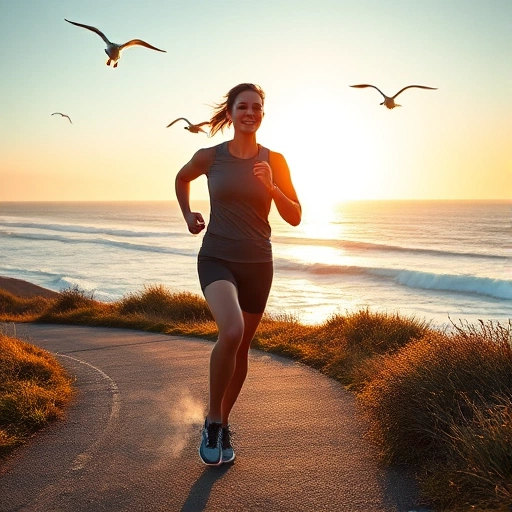 A dynamic, energetic scene of a person jogging at sunrise on a coastal trail, wearing modern athletic apparel, holding a sleek, minimalist perfume bottle in one hand, with a light mist of fragrance visible in the air around them, ocean waves crashing softly in the background, seagulls flying overhead, vibrant warm lighting, high detail, realistic yet stylized, smallHQ aesthetic