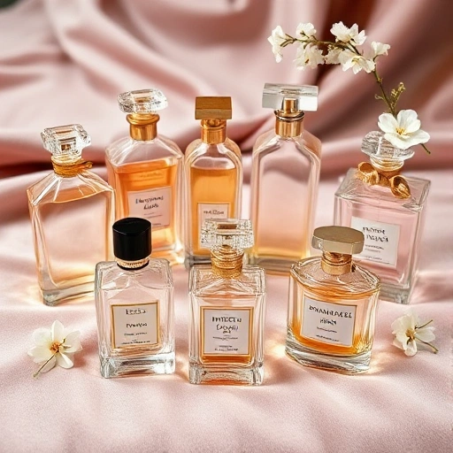An elegant composition featuring a variety of women's perfume bottles arranged on a soft velvet surface, ranging from classic crystal flacons with gold accents to modern minimalist designs in glass and metal, with subtle floral motifs and soft ambient lighting highlighting transparency and luxury