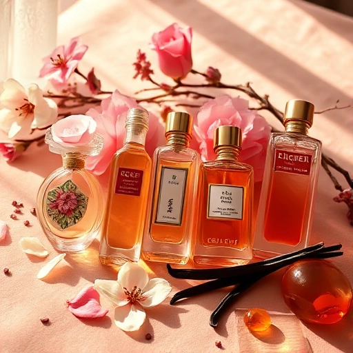 An elegant arrangement of women's perfume bottles on a soft velvet surface, featuring floral and oriental-inspired designs — delicate glass flacons with gold accents, surrounded by blooming jasmine, rose petals, vanilla pods, and amber resin, bathed in warm, diffused natural light, evoking luxury and sensuality