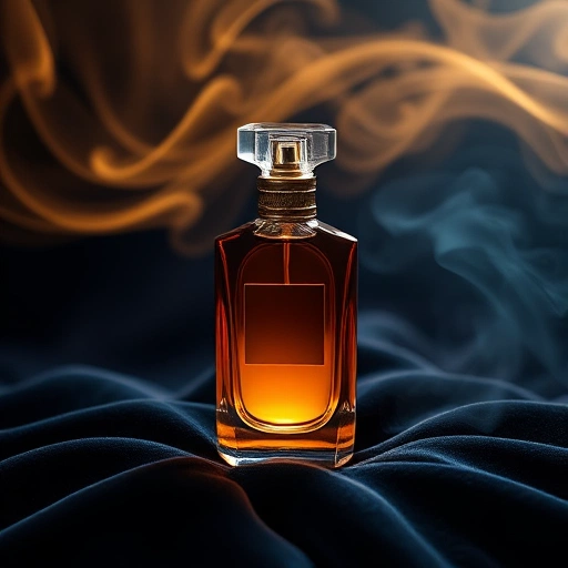 A luxurious perfume bottle with a unique, artistic design, glowing softly on a dark velvet surface, surrounded by abstract swirls of golden and deep blue mist, evoking exclusivity and individuality, high detail, cinematic lighting, no text or labels