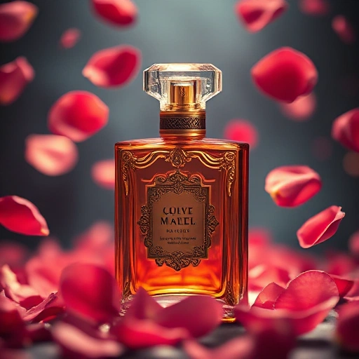 A luxurious perfume bottle with intricate golden details, surrounded by floating rose petals and soft glowing light, elegant and mysterious atmosphere, high detail, cinematic lighting