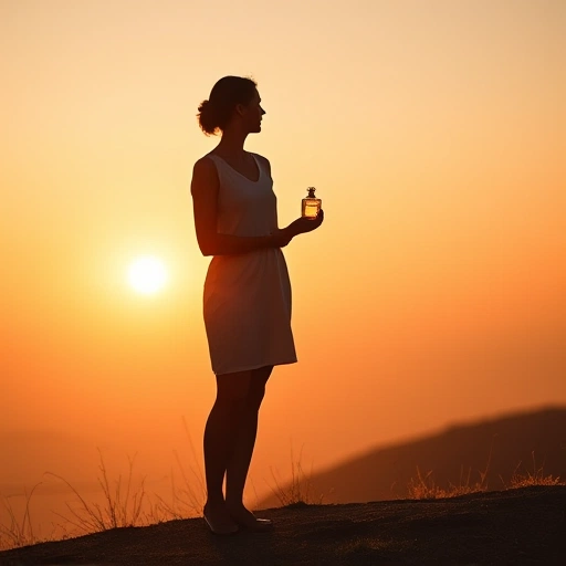 A serene, minimalist scene of a single person standing on a quiet hill at golden hour, gazing toward a distant horizon where soft light blends sky and earth. They wear simple, elegant clothing, holding a small, unmarked glass perfume bottle that catches the warm light. Around them, faint silhouettes of abstract shapes — like floating petals or gentle waves — suggest inner journey and self-discovery. No text, no logos, no brand names, no crowds, no modern objects. The atmosphere is calm, introspe