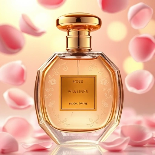 A luxurious perfume bottle with golden cap and delicate floral patterns, surrounded by floating rose petals and soft glowing light, elegant glass design, high detail, premium aesthetic