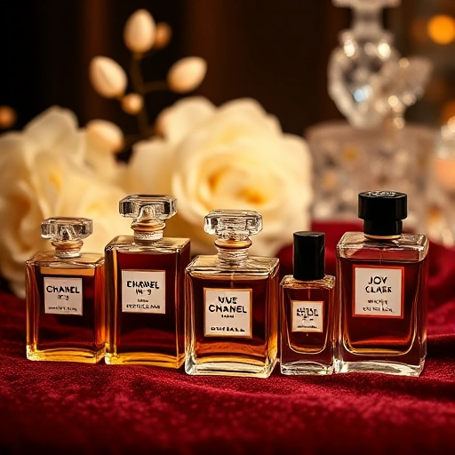 A luxurious display of iconic perfume bottles from different eras, arranged elegantly on a velvet surface with soft golden lighting, featuring classic designs like Chanel No. 5, Shalimar, and Joy, with subtle floral motifs and crystal accents in the background, evoking timeless sophistication and olfactory artistry