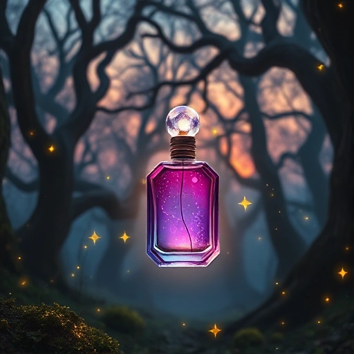 A mystical perfume bottle floating in a dark enchanted forest at twilight, glowing with soft golden and violet light, surrounded by floating sparkles and faint translucent magical symbols in the air, ancient twisted trees with glowing moss in the background, ethereal atmosphere, ultra-detailed, cinematic lighting, smallHQ style