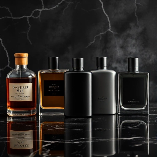 A sophisticated collage of classic and modern men's fragrances: vintage glass bottles with amber liquid and wooden caps on one side, sleek minimalist metallic flacons with matte black finishes on the other, arranged symmetrically on a dark marble surface with soft directional lighting highlighting reflections and subtle mist effects, evoking timeless elegance and contemporary refinement