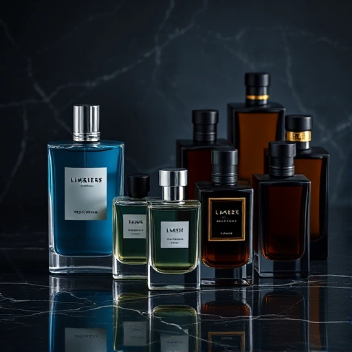 A sophisticated collage of men's fragrance bottles arranged on a dark marble surface, featuring sporty citrus scents in sleek blue and silver flacons on one side, transitioning to rich evening fragrances in deep amber and black glass bottles with gold accents on the other, soft studio lighting highlighting the glass textures and liquid gradients, minimalist composition with subtle reflections