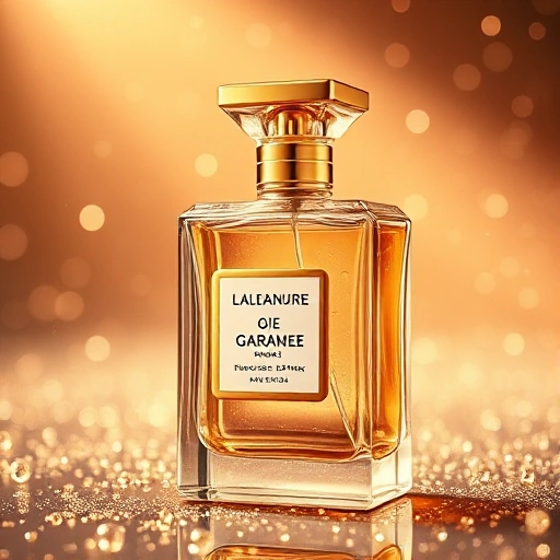 A luxurious perfume bottle with golden accents, surrounded by sparkling particles and soft spotlight, elegant and eye-catching, high detail, fashion photography style
