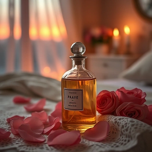 A romantic scene featuring a delicate glass perfume bottle with soft golden liquid, surrounded by rose petals, vintage lace, and candlelight in a dreamy, pastel-colored bedroom at twilight, evoking elegance and emotion