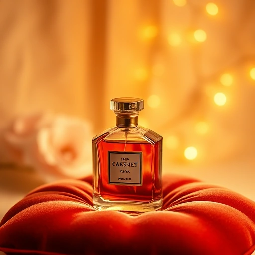 An elegant perfume bottle on a velvet cushion, soft golden lighting, delicate floral motifs in the background, romantic and luxurious atmosphere, suitable for a special occasion like an anniversary or first date