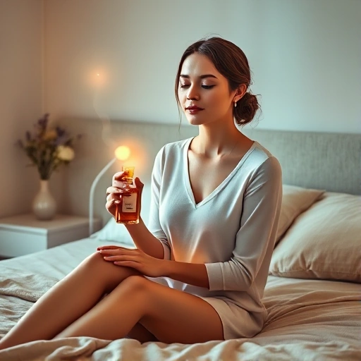 A serene, softly lit bedroom scene with a woman sitting calmly on a bed, holding an open perfume bottle, delicate floral and citrus notes visualized as translucent, glowing wisps of scent floating gently around her — lavender, bergamot, and jasmine — blending into the air like soft pastel auroras. Her expression is peaceful, eyes slightly closed, suggesting mood elevation through fragrance. Warm ambient lighting, muted earth tones, minimalist decor, no text or labels visible.