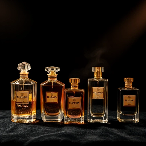 A luxurious display of legendary perfumes from world-renowned brands, featuring elegant glass bottles with intricate gold and crystal details, arranged on a velvet black surface under soft, warm spotlighting. Subtle reflections and delicate mist of fragrance in the air, evoking sophistication and timeless elegance. No text, logos, or labels visible on bottles.