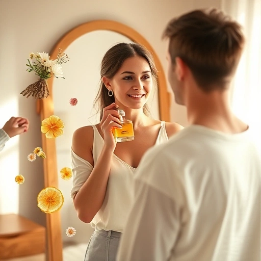 A person standing in front of a mirror, gently sniffing a perfume bottle with a soft smile, surrounded by floating translucent scent notes like flowers, citrus, and woody elements in a warm, minimalist bedroom with natural light, evoking personal connection and sensory discovery