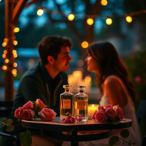 A romantic evening setting with a couple sitting at a small outdoor table under soft string lights, sharing a moment of intimacy, with two elegant perfume bottles placed gently on the table between them, surrounded by blooming roses and subtle candlelight, warm and dreamy atmosphere, shallow depth of field, cinematic lighting