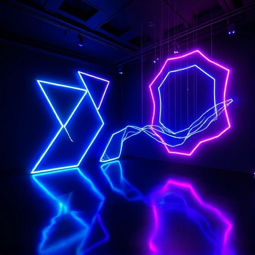 A futuristic light installation art piece in a dark gallery, featuring glowing geometric shapes and flowing light patterns in vibrant neon colors like electric blue, magenta, and cyan, suspended in mid-air with soft reflections on a polished black floor, minimalistic architecture, immersive atmosphere, no people, no text, no signs