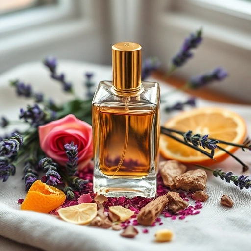 A close-up of a luxurious perfume bottle made of clear glass with a gold cap, surrounded by natural ingredients like fresh lavender sprigs, crushed rose petals, vanilla beans, citrus slices (bergamot and orange), and sandalwood chips, arranged artfully on a soft linen cloth, soft natural daylight from a nearby window, shallow depth of field, elegant and serene composition
