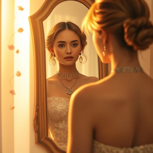 A person standing before a mirror, their reflection showing a different, idealized version of themselves wearing elegant perfume bottles as accessories, soft golden light, ethereal atmosphere, subtle floral motifs floating in the air, high detail, realistic yet dreamlike