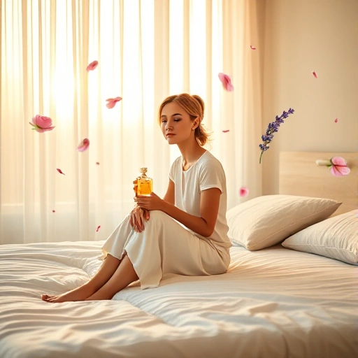A serene, softly lit bedroom scene with a woman sitting calmly on the edge of a bed, holding an open perfume bottle, gentle floral and citrus notes visually suggested by translucent pastel swirls of rose, lavender, and bergamot floating in the air around her, warm golden hour light filtering through sheer curtains, minimalist decor, no text or symbols, peaceful expression, subtle mood enhancement implied through atmosphere