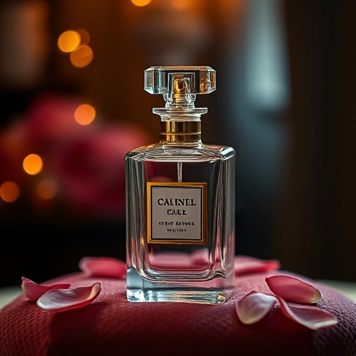 An elegant perfume bottle made of crystal glass with gold accents, placed on a velvet cushion in soft ambient lighting, surrounded by delicate rose petals and a faint golden glow, evoking luxury and sophistication