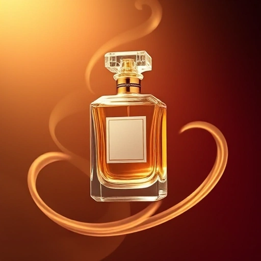 An elegant, luxurious perfume bottle made of clear glass with golden accents, floating in soft golden light, surrounded by delicate swirling wisps of jasmine, rose, and sandalwood essences rendered as translucent, ethereal vapor, with a subtle gradient background of deep burgundy fading to ivory, evoking timeless sophistication and olfactory artistry