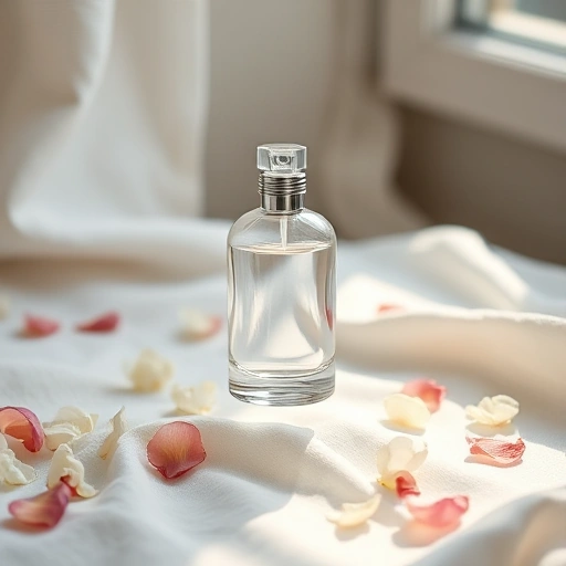 A light, airy perfume bottle made of clear glass with a delicate silver cap, floating gently above a soft white linen fabric, surrounded by floating petals of white jasmine and citrus blossoms, with a subtle mist of dewy freshness in the air, soft natural daylight from a nearby window, minimalist composition, serene and refreshing atmosphere