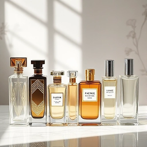 A sophisticated collage of women's perfume bottles spanning eras: classic Art Deco flacons with geometric patterns on the left, transitioning to minimalist modern designs with clean lines and frosted glass on the right, arranged on a marble surface with soft natural lighting, subtle reflections, and delicate floral motifs in the background