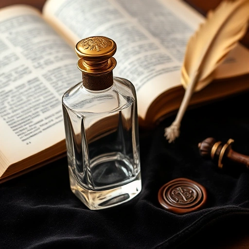 An elegant vintage perfume bottle made of clear glass with a gold cap, placed on a dark velvet surface, surrounded by classic elements such as an open antique book, a quill pen, and a wax seal, soft warm lighting, timeless and traditional atmosphere