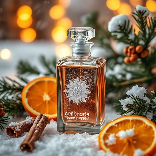 A cozy winter scene featuring a glass perfume bottle with frosted design, surrounded by pine branches, cinnamon sticks, orange slices, and soft snowfall, warm golden lighting, evoking a sense of warmth and elegance in cold weather