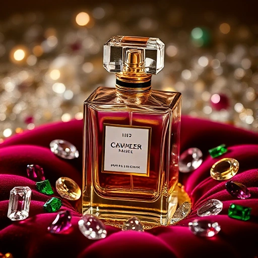 A luxurious perfume bottle made of crystal and gold, placed on a velvet cushion, surrounded by sparkling diamonds, rubies, and emeralds, soft ambient lighting, elegant and refined composition, no text or labels visible