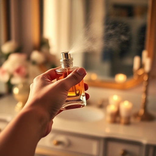 A close-up of a person's wrist gently spraying perfume from an elegant glass bottle, with soft golden light highlighting the mist and a blurred background of a luxurious vanity with flowers and candles