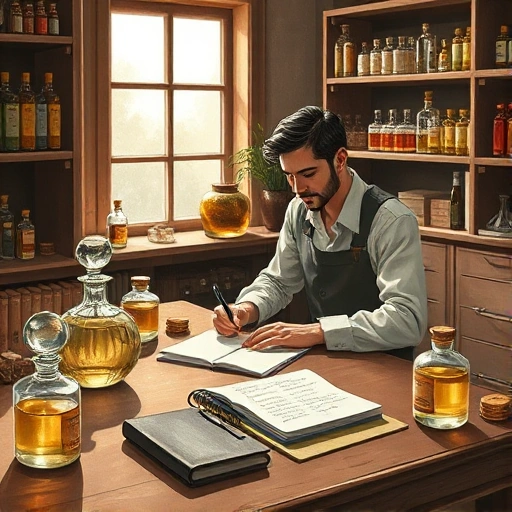 A detailed illustration of a perfumer at a wooden workstation surrounded by glass bottles containing essential oils, pipettes, blotting papers, and a notebook with handwritten notes, soft natural light from a nearby window, subtle floating scent molecules visualized as delicate translucent swirls in the air, elegant and scientific atmosphere, muted earth tones with accents of amber and sage