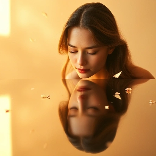 A serene, minimalist portrait of a person gazing into a still, mirror-like pool of liquid perfume, where the reflection shows not their face but an idealized, glowing version of themselves — soft golden light, delicate floral vapors rising, translucent petals floating in the air, ethereal and dreamlike, no text, no logos, no clothing details, pure focus on emotion and reflection
