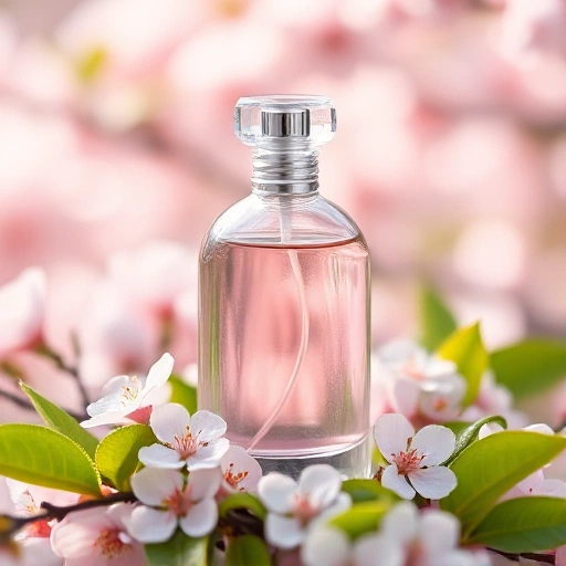 A delicate spring-themed perfume bottle made of clear glass with soft pink and pale green liquid inside, resting on a bed of fresh cherry blossoms and dewy green leaves, soft morning light filtering through, gentle bokeh background of blurred pastel flowers, no text, no labels, no branding, no people, no animals, no urban elements