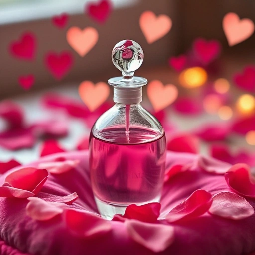 A delicate glass perfume bottle with a soft pink liquid inside, placed on a velvet cushion surrounded by floating rose petals and faint heart-shaped light glows, evoking romance and belief in love, soft natural lighting, ethereal atmosphere