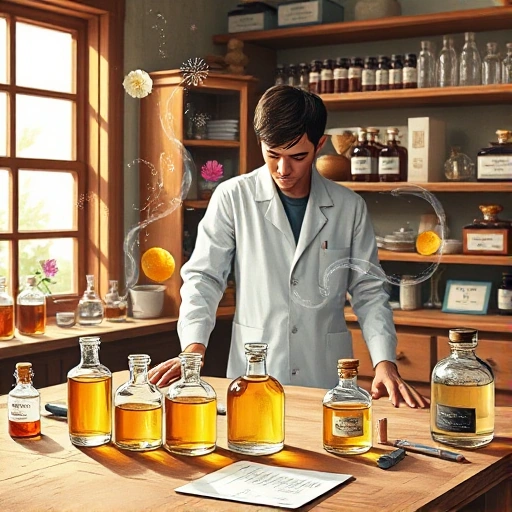 A detailed illustration of a perfumer creating a fragrance composition: a person in a lab coat standing at a wooden workbench with glass vials, pipettes, and small bottles of essential oils arranged in a semi-circle; delicate wisps of aromatic vapor rising from the vials, forming abstract floral, citrus, and woody shapes in the air; soft natural light from a nearby window highlighting the textures of glass and liquid; background shows shelves with labeled botanical ingredients and vintage perfum