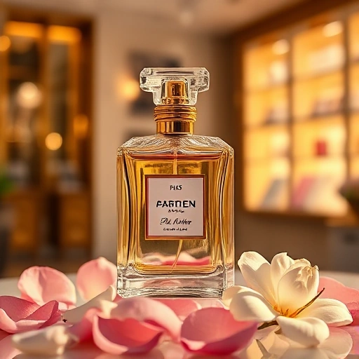 A luxurious perfume bottle made of crystal glass with golden accents, floating in a soft golden light, surrounded by delicate rose petals and jasmine flowers, with a blurred background of an elegant Parisian boutique interior, evoking sophistication and sensory journey into the world of fragrance