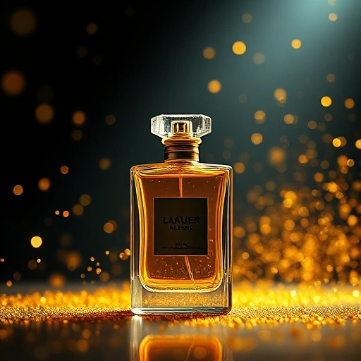 A luxurious perfume bottle glowing under spotlight, surrounded by floating golden particles, elegant and sophisticated, high detail, cinematic lighting, focus on the bottle as the center of attention