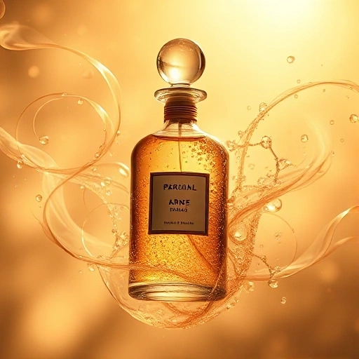 A mystical perfume bottle floating in a soft golden light, surrounded by swirling translucent wisps representing myth and truth — one side shows ancient legends (like Cleopatra’s rose oil or love potions), the other side shows modern science (molecular structures, lab flasks, chromatography), all blending seamlessly in a dreamy, ethereal atmosphere. No text, no labels, no digits, no visible words.