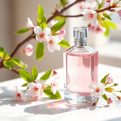 A delicate spring perfume scene featuring blooming cherry blossoms, fresh green leaves, and a crystal-clear glass perfume bottle with a soft pink liquid inside, resting on a light marble surface with morning sunlight filtering through, evoking freshness, elegance, and floral renewal