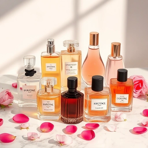 A luxurious arrangement of popular women's perfumes in elegant glass bottles, displayed on a marble surface with soft natural lighting, subtle reflections, and delicate floral elements like rose petals and jasmine blossoms scattered gently around, evoking sophistication and femininity
