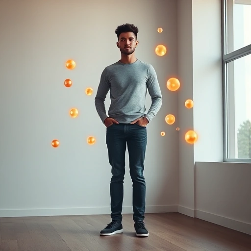 A confident person standing tall in a minimalist modern space, surrounded by subtle floating scent molecules visualized as soft glowing orbs in warm amber and sandalwood tones, evoking self-assurance through fragrance, soft natural light from a large window, no text or symbols, serene and empowering atmosphere