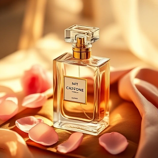 An elegant perfume bottle made of crystal glass with gold accents, placed on a velvet cushion in soft golden lighting, surrounded by delicate rose petals and a silk scarf, evoking luxury and sophistication for affluent women