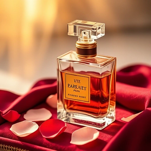 An elegant perfume bottle made of crystal glass with gold accents, placed on a velvet cushion in soft golden lighting, surrounded by delicate rose petals and a silk scarf in deep burgundy, evoking luxury and sophistication for affluent women