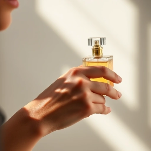 A close-up of a woman's wrist applying perfume from an elegant glass bottle, with soft natural light highlighting the mist and skin texture, minimalist background, luxurious and serene atmosphere