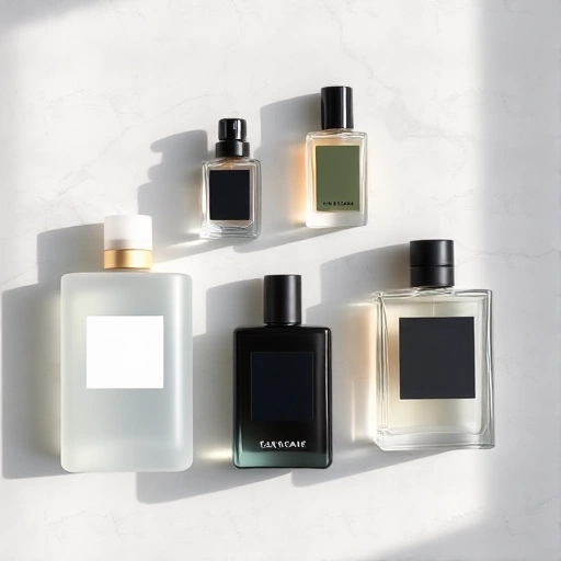 A minimalist, elegant flat lay of popular unisex perfumes: glass bottles with clean, modern designs in neutral tones (clear, frosted white, soft gray, matte black), arranged symmetrically on a light marble or concrete surface. Soft natural lighting from the side, subtle shadows, no labels visible, no brand names, no text, no logos, no people, no animals, no clutter. Focus on the sculptural form of the bottles and the serene, sophisticated atmosphere.